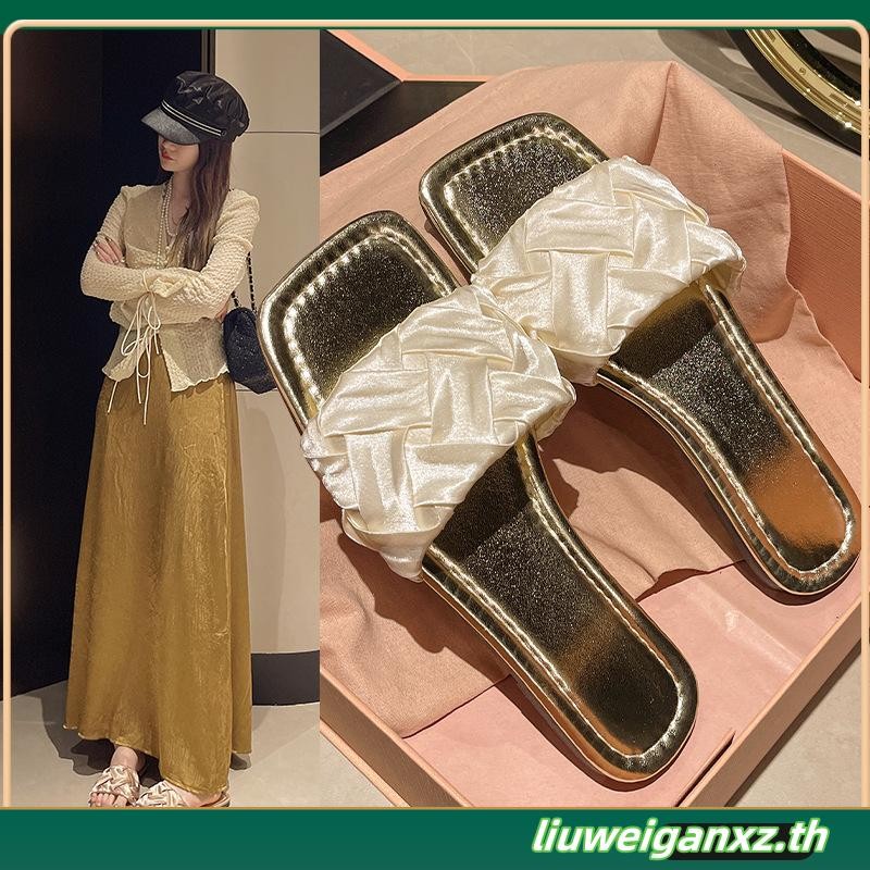 Women's Shoes French Style Fairy Style Flat Woven Slippers Elegant Square Toe Sandals rHTX
