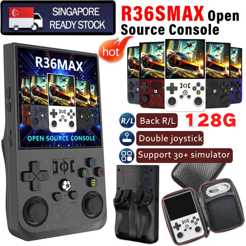 [SG] เปิดแหล่ง R36S MAX คอนโซลเกมมือถือ 4 นิ้วหน้าจอ IPS แบบพกพากระเป๋าวิดีโอ 128GB เกมคอนโซลTH99 OK