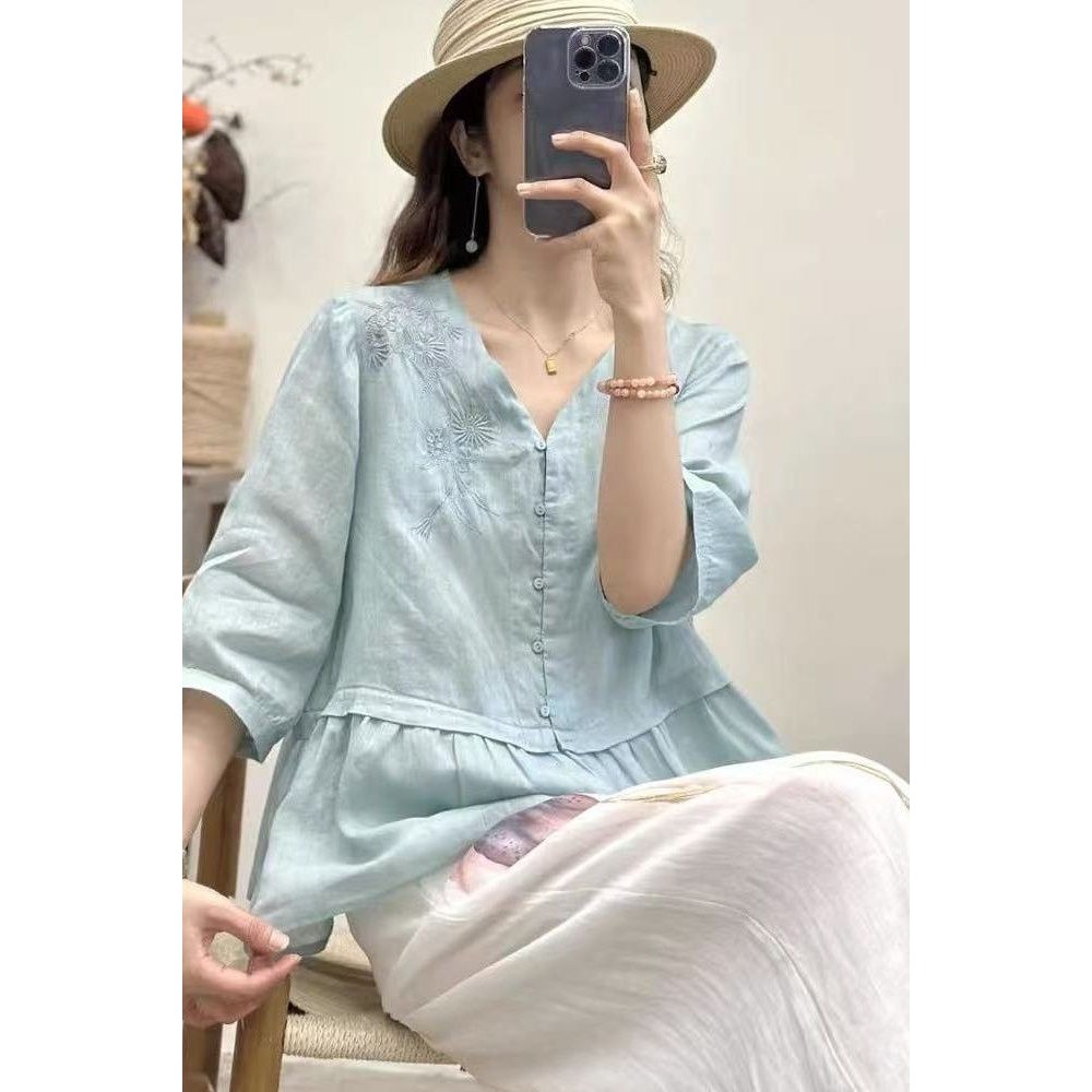 Yueyejia Sekill 259 Tianhua DTH High-End กันยายนเวอร์ชั่นเกาหลีแฟชั่นVคอRamieเสื้อผู้หญิง 2025 ฤดูร้