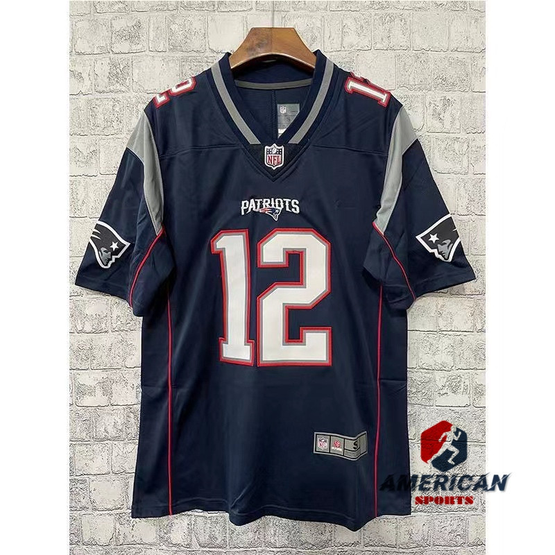 การปรับแต่งเสื้อ NFL สําหรับผู้ชาย New England Patriots Tom Brady เสื้อฟุตบอลสีน้ําเงินเสื้อยืด