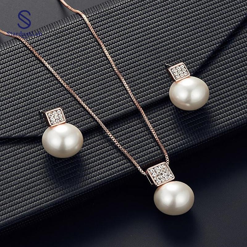 StardustLab 3 ชิ้นแฟชั่นเลียนแบบ Pearl Rhinestones เรขาคณิตสร้อยคอต่างหูสําหรับสตรีเจ้าสาวงานแต่งงาน