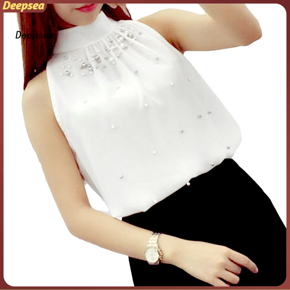 DPA สไตล์สีทึบร่วมสมัยสำหรับผู้หญิง Mock คอ Halter กุดแขน ชีฟองตกแต่งด้วยลูกปัด