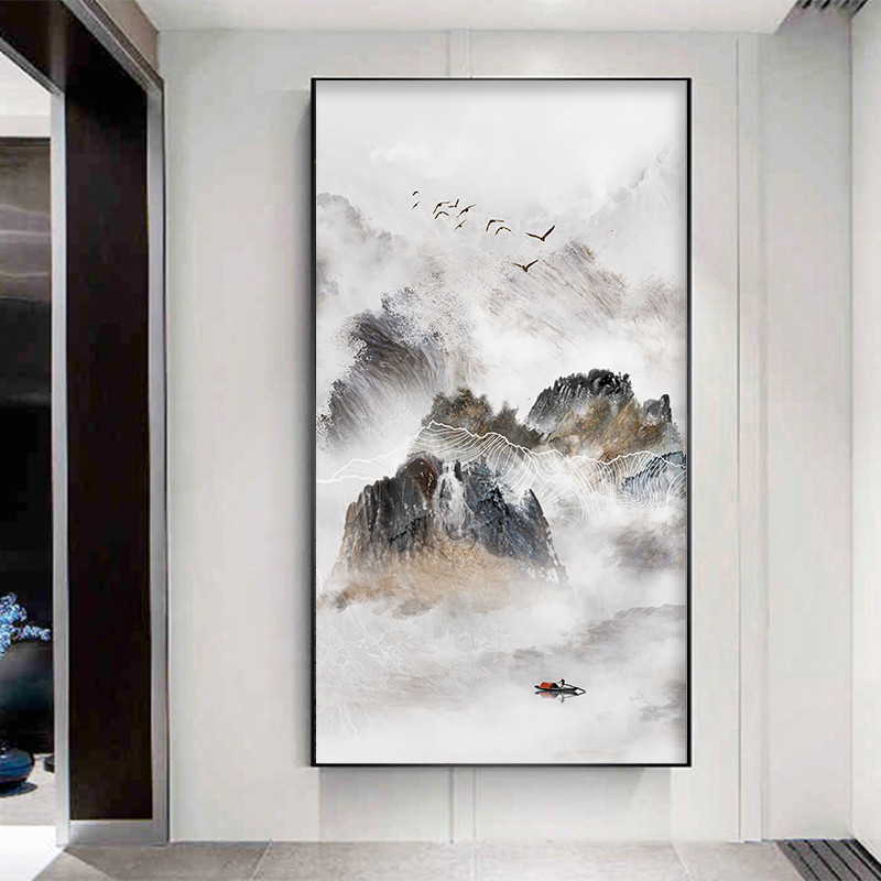 ภาพวาดตกแต่งห้องนั่งเล่น ภาพภูเขาแบบหมึก พร้อมกาวในตัว Haina Baichuan Fuchun