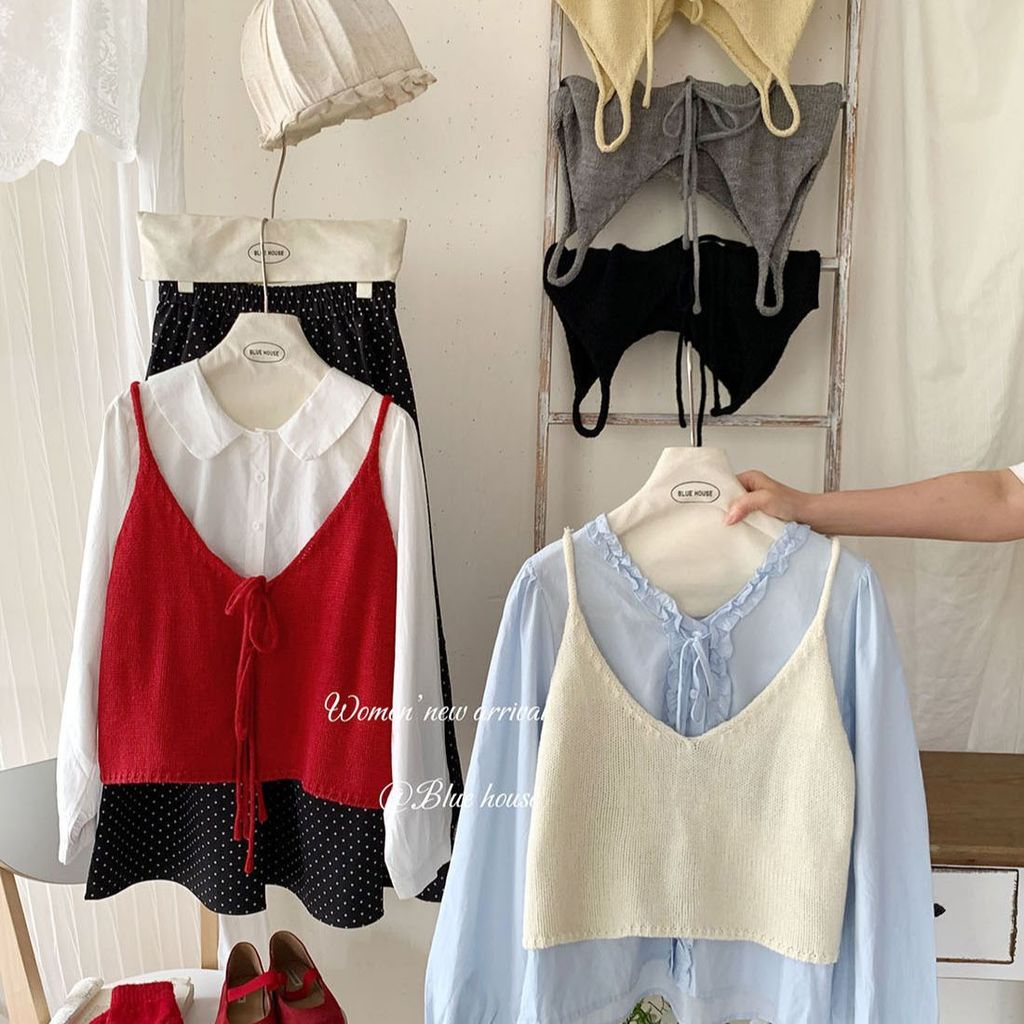 สไตล์เกาหลีคอวี Laced-Up ถัก Camisole เสื้อกั๊กผู้หญิงฤดูใบไม้ร่วง Layered หวานสองด้านเสื้อกั๊กเสื้อกั๊กด้านนอก Match