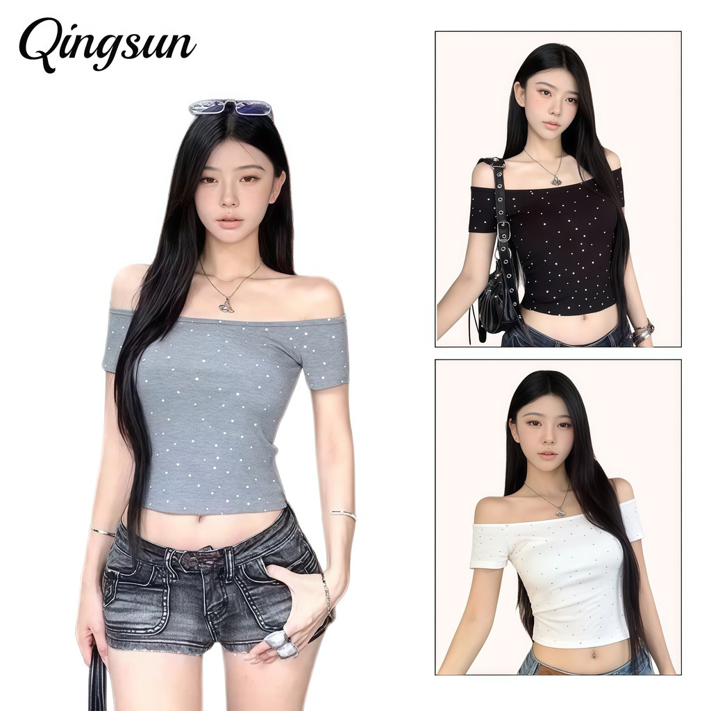 🌻Qingsun เข้ารูป เสื้อแขนสั้น ดีเทลเปิดไหล่ มินิมอลสไตล์ สีพื้น สไตล์วายทรูเค สีพื้น "FYB24"