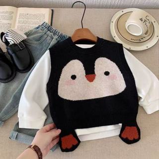 ฤดูใบไม้ร่วงเด็กชายน่ารักนกเพนกวินน้อยน่ารักรอบคอแขนกุดถักเส…