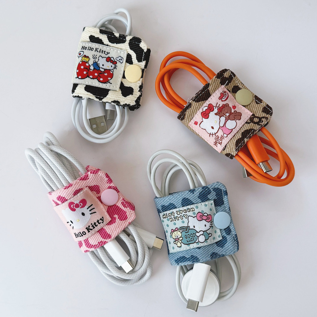 น่ารัก KT เสือดาวพิมพ์ Denim Art Data Cable Storage คลิป Hand-Made Katie สายชาร์จกระเป๋าเก็บแปรง 10.