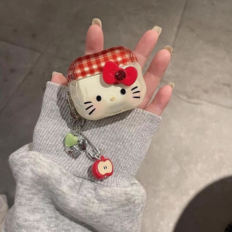โบว์ลายสก๊อต Hello Kitty AirPods Pro3 เคสหูฟังบลูทูธ AirPods 1/2/3/4 หูฟังฝาครอบป้องกัน