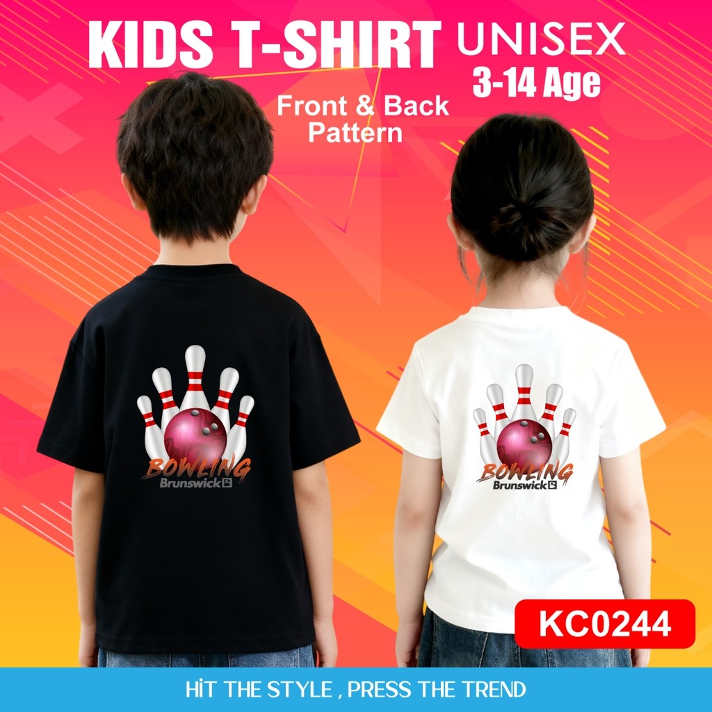 เสื้อยืดลายลูกโบว์ลิ่ง พิมพ์บนผ้าฝ้าย 100%, ไซส์สำหรับเด็ก คอรอบแขนสั้น