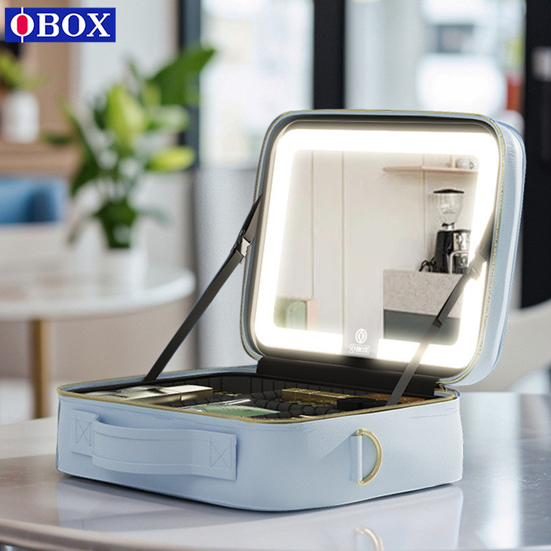OBOX Glacier Blue กระเป๋าเครื่องสําอางพร้อมกระจกความงามแต่งหน้าผลิตภัณฑ์แต่งหน้ากระเป๋าเดินทางหญิงขน