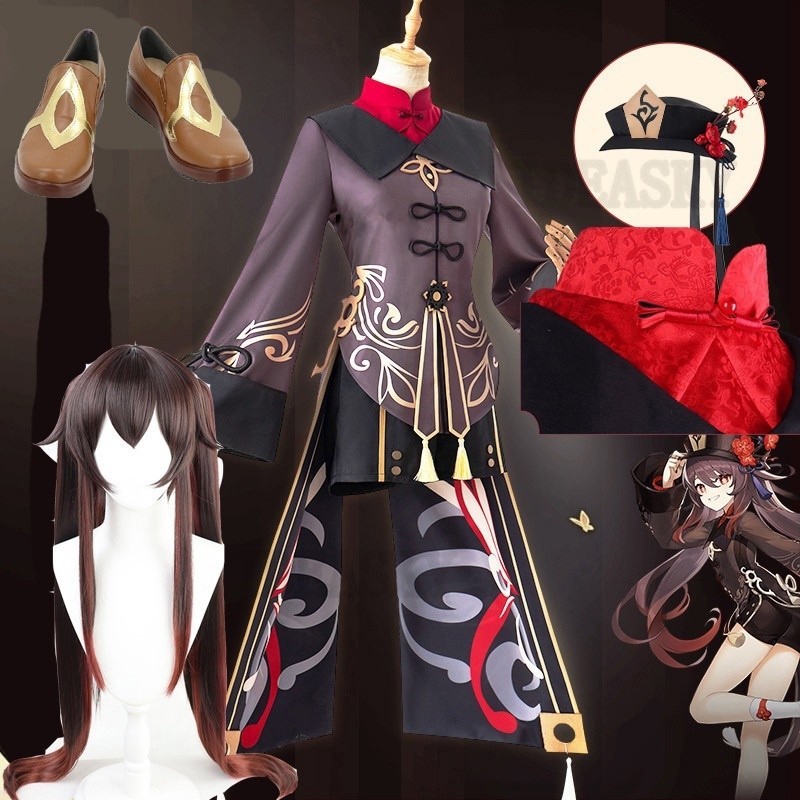 Genshin Impact Hutao คอสเพลย์เครื่องแต่งกายชุดวิกผมคอสเพลย์อะนิเมะเกม Hu Tao สไตล์จีนฮาโลวีนเครื่องแ