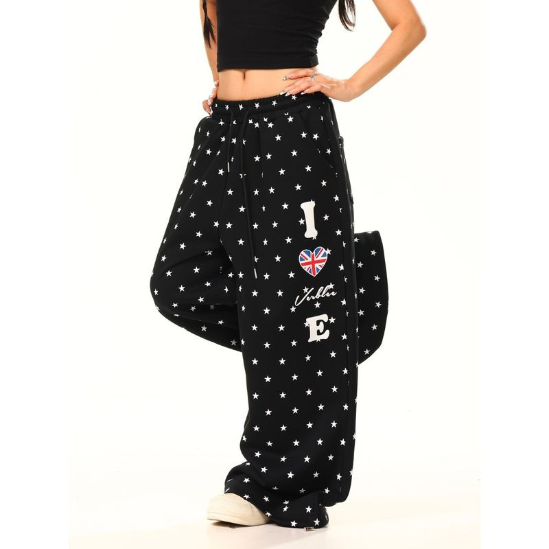 TIDE BEAR American Star Print Wide Leg Comfort Pants Union Jack Heart Design