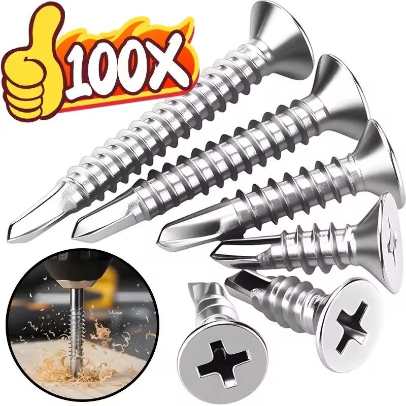 20-100 ชิ้น 410 สแตนเลสสตีลสกรูเจาะตัวเอง M4.2, Phillips Recess Countersunk หัวสําหรับโลหะไม้พลาสติก, กันสนิมกลางแจ้งใช้