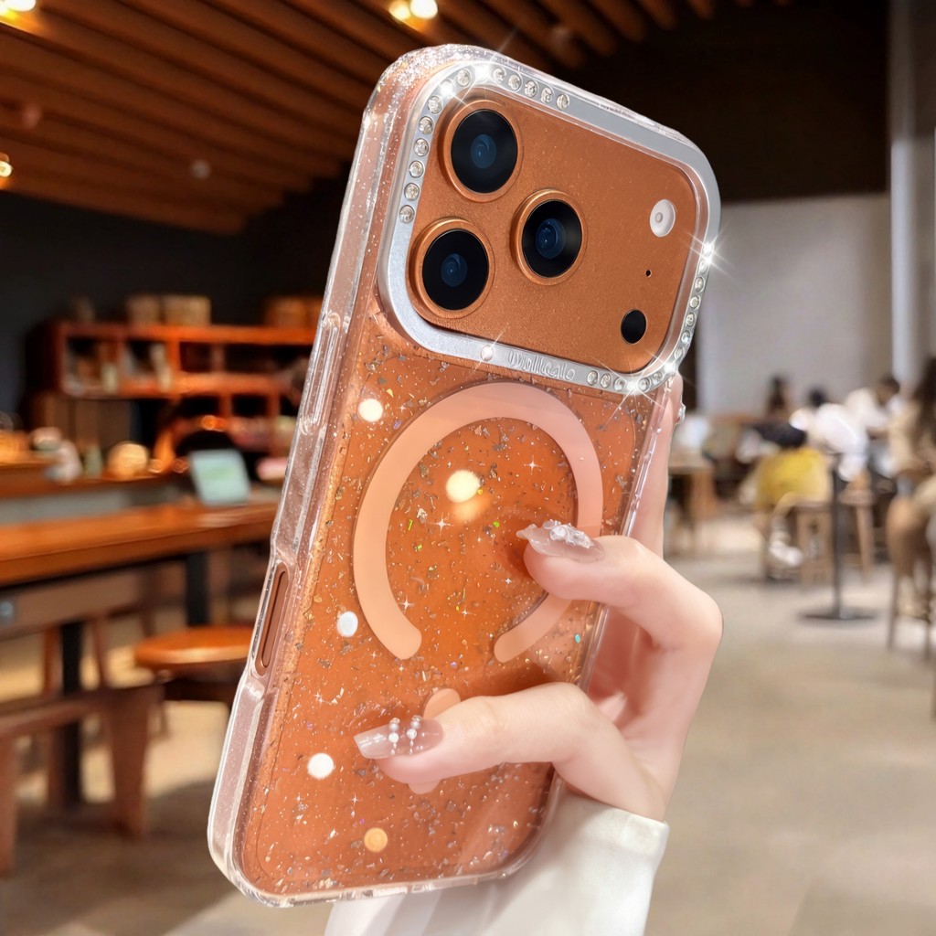 Aesthetics Glitter Magnetic clear CaseสําหรับiPhone 17 Air 12 13 14 15 16 Pro max Plus Diamondเลนส์เคสกันกระแทก
