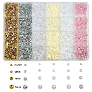 Nail Art สติ๊กเกอร์ติดเล็บอุปกรณ์ทําเล็บ DIY Pearl ความสว่างสูงผสม Mini ขนาด 24 ตารางครึ่งรอบ Beige สีชมพู ทองคําขาวเงิน KOUDAN