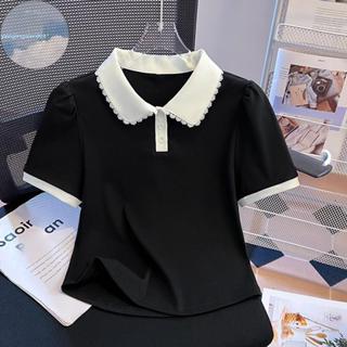 เสื้อยืดแขนสั้นผูกเชือกสีตัดกันสไตล์เกาหลีสำหรับผู้หญิง