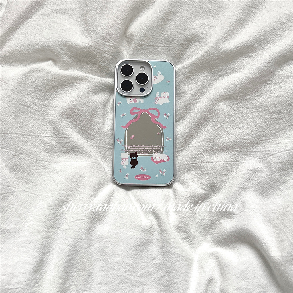 โบว์แมวแต่งหน้ากระจกเคสโทรศัพท์ Drop-Resistant สําหรับ iPhone 16 Promax 15 Promax 11 12 13 14plus 15plus 16e 16plus 15pro