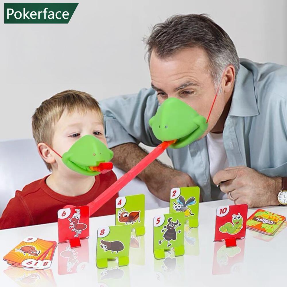 POKERFACE Blowing Frog/Chameleon Tongue Toy Card Knocking Over Game กิจกรรมปฏิสัมพันธ์ระหว่างพ่อแม่แ