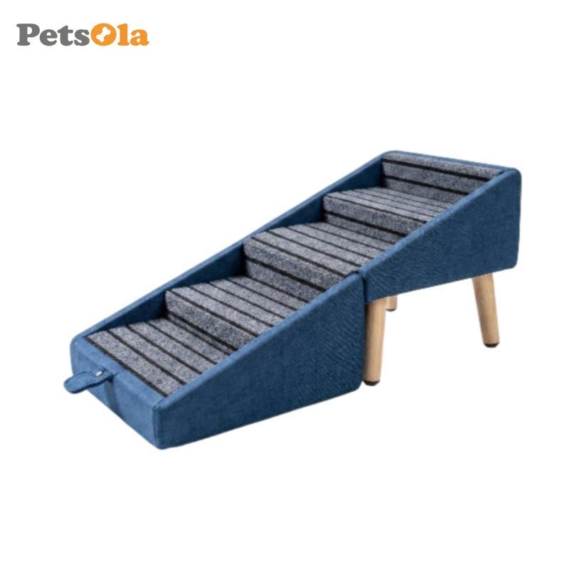 PETSOLA Blue Household Aid Upholstered บันไดสัตว์เลี้ยงไม้-ขาบันไดสัตว์เลี้ยง Low-Impact ปีนเขาเฟอร์นิเจอร์สไตล์สําหรับข้างโซฟา