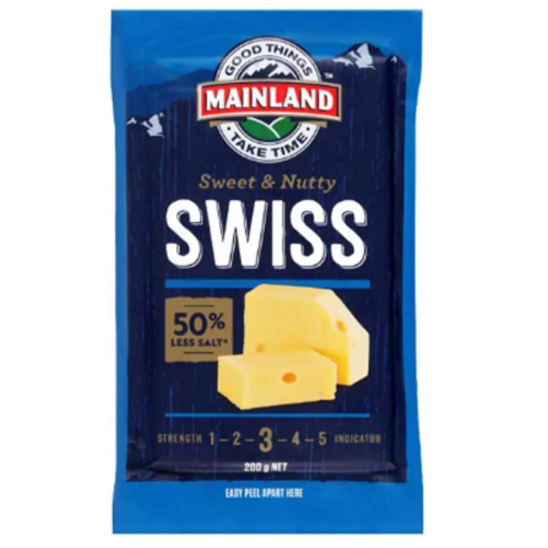 เมนแลนด์สวิสชีส 200กรัม Mainland Swiss Cheese Less Salt 200g. [หมายเลขบาร์โค้ด 9414832365502 ]