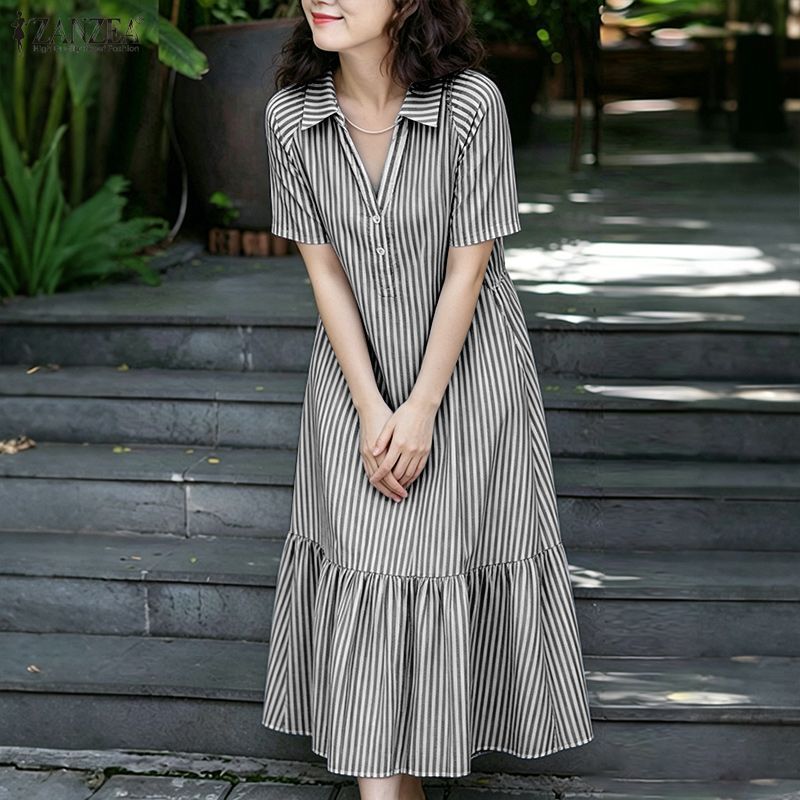 ZANZEA ผู้หญิงเกาหลีชุดลําลองแขนสั้นครึ่งกระดุม Ruffles Hem A-Line ชุดเดรสลายทาง — صورة 4