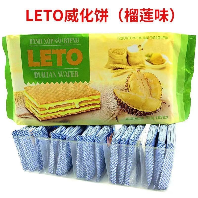 นําเข้า LETO เวเฟอร์บิสกิต รสทุเรียน ช็อคโกแลต 进口LETO威化干甲莲味克力味休闲白粉 200ก 食BG630