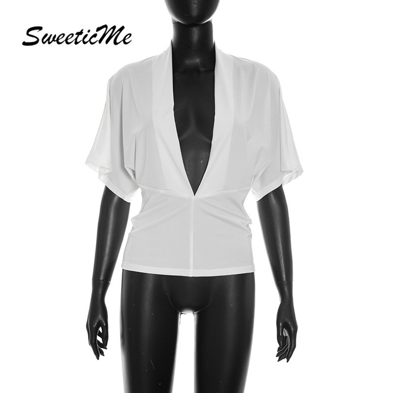 SweeticMe เสื้อสตรี 2026 แฟชั่นใหม่เซ็กซี่ลําลองสีทึบเสื้อยืดแขนสั้นคอวีลึก — صورة 8