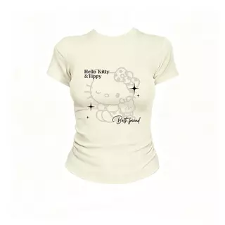 เสื้อยืดแขนสั้นพิมพ์ลายสไตล์อเมริกัน ดีไซน์ใหม่สำหรับผู้หญิงรับซัมเมอร์ ทรงเข้ารูป กระชับสัดส่วน เนื้อผ้ายืดหยุ่น