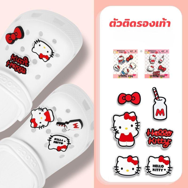 ตัวการ์ตูนติดรองเท้าหัวโต ตัวติดรองเท้ามีรู เซตลายแมวการ์ตูนผูกโบว์ อะไหล่ตกแต่งรองเท้า DIY