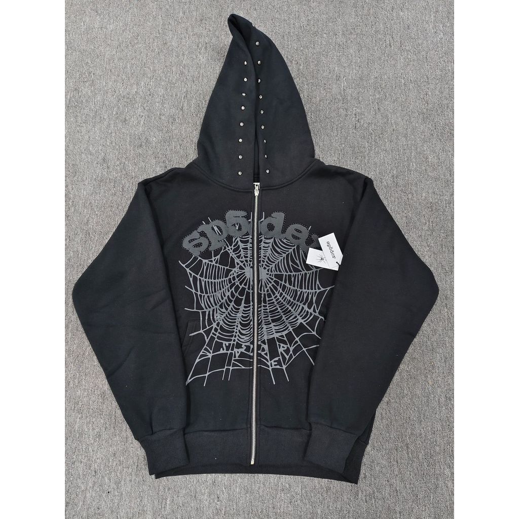 เสื้อสเวตเตอร์ DDEC Sp5der555555หมุดตัวอักษรสีดํา เสื้อกันหนาว Spider Web Zipper Hoodie