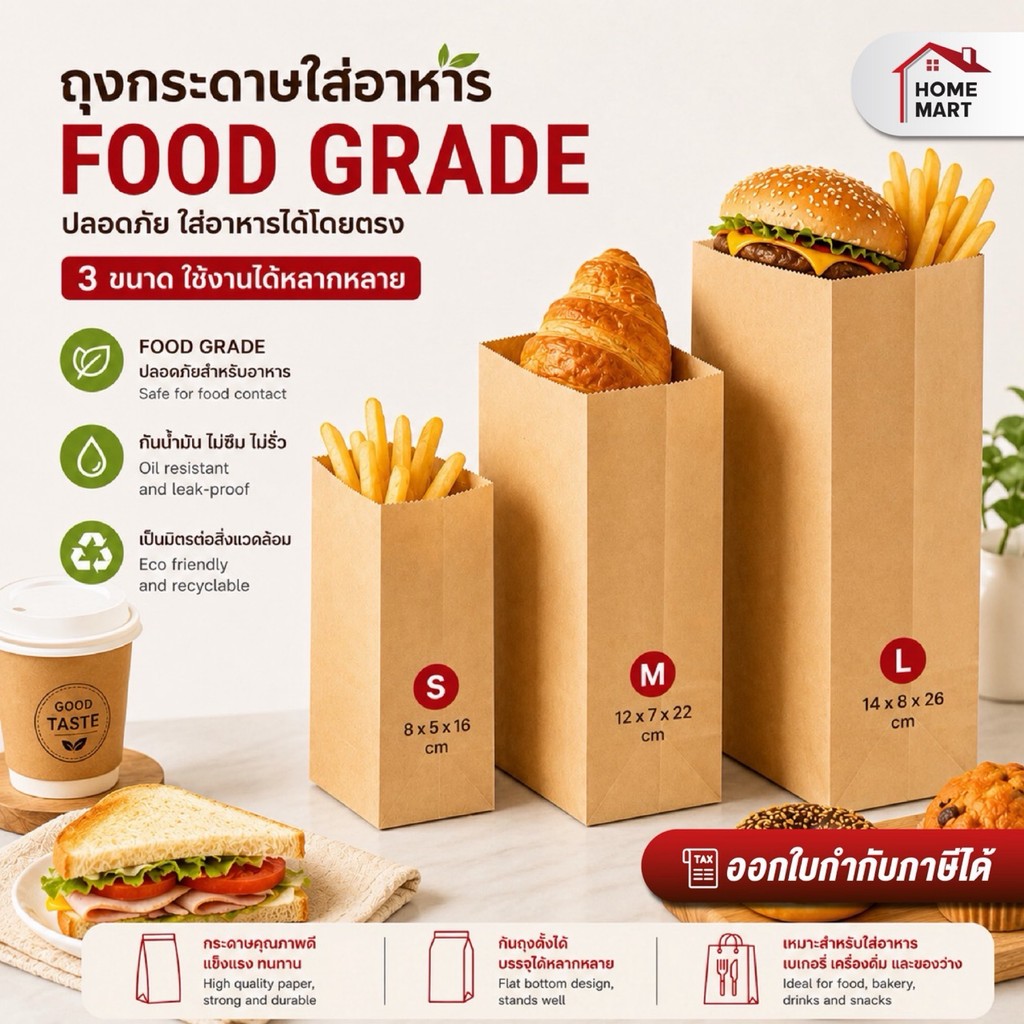 ซองกระดาษคราฟท์ Food Grade กันน้ำมัน รุ่น Premium | ถุงใส่ขนม เบเกอรี่ อาหารทอด Food Delivery (50 ชิ้น/แพ็ค)