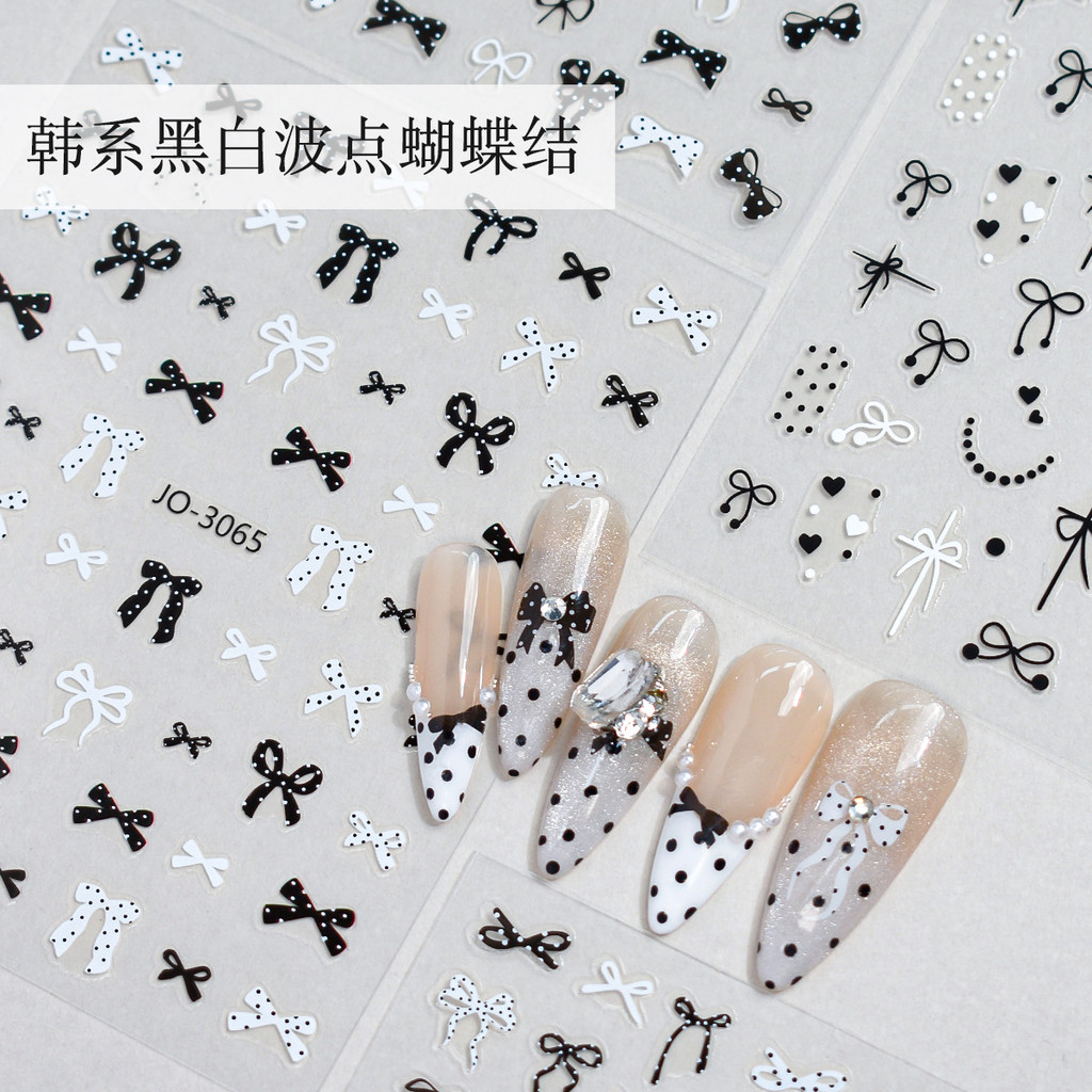 เกาหลีที่นิยมมินิมอลสีดําและสีขาวลายจุดโบว์เล็บสติกเกอร์เล็บหวานและเย็น ทําเอง ตกแต่งเล็บ