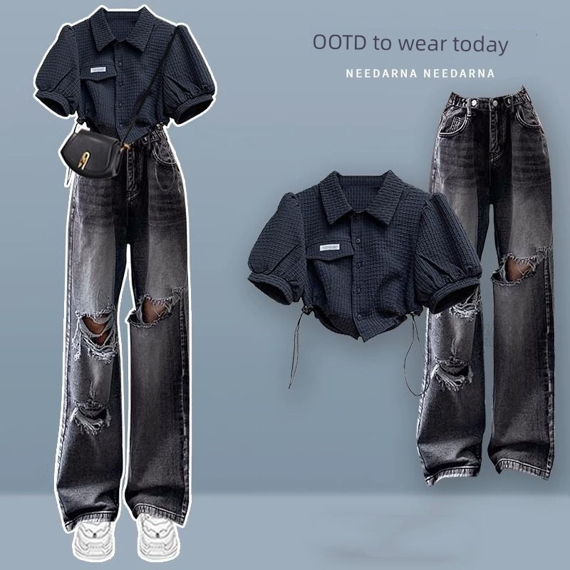 jinn jeans กางเกงยีนส์ขายาว ใส่สูทเอวสูง ผอมลง ดูผ้ายีนส์ฉีกกางเกงแขนสั้น