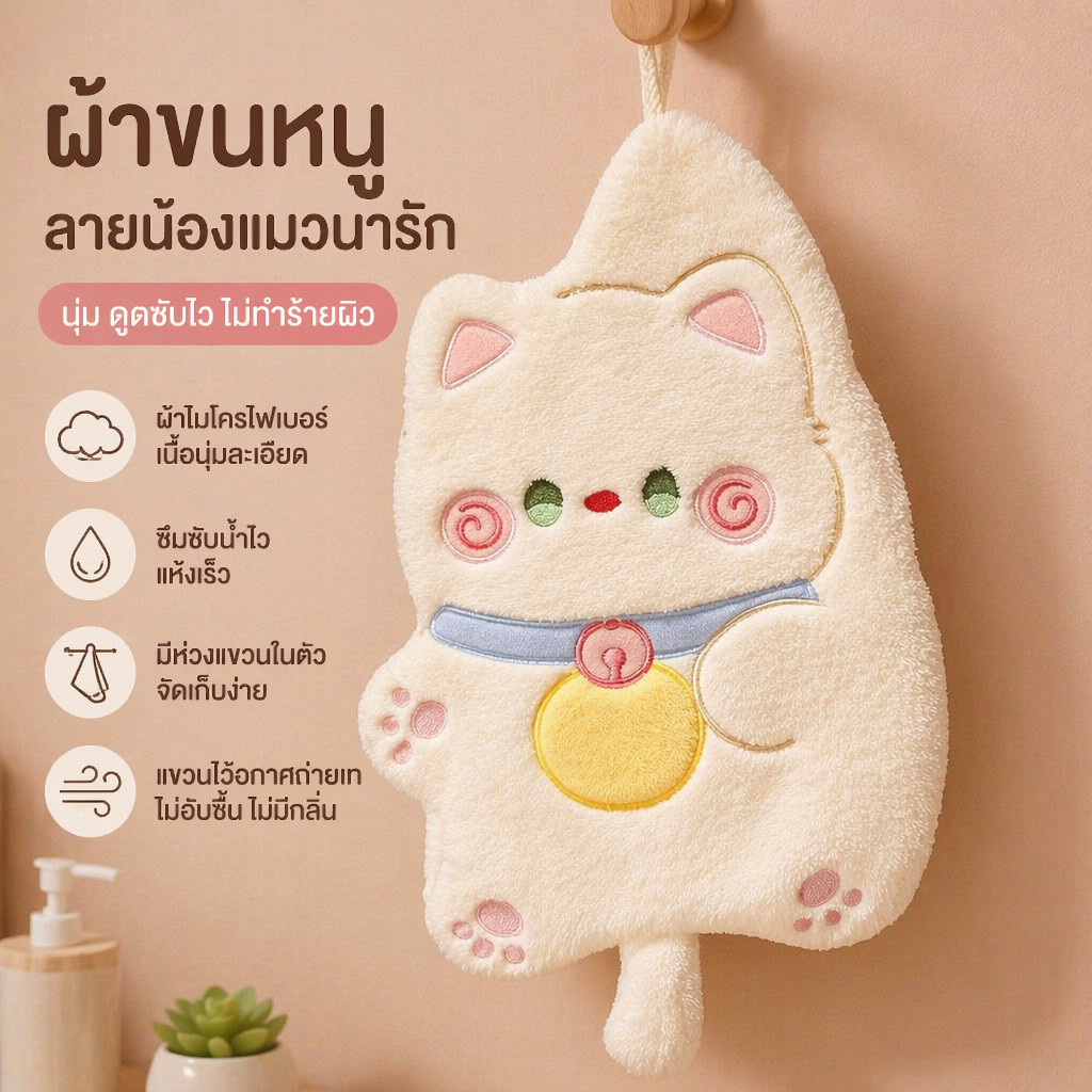 ผ้าขนหนูเช็ดมือผ้าคอรัลรูปแมวการ์ตูน นุ่มหนา ซับน้ำเร็ว ไม่มีขุย มีห่วงแขวน ใช้ห้องน้ำ ห้องครัว