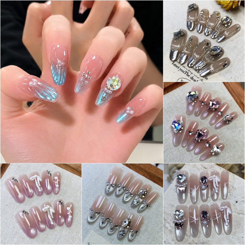 (FREE GLUE) เล็บปลอมติดเล็บ เล็บปลอมสำเร็จรูป เล็บปลอมคริสตัล เล็บปลอมลูกแก้ว กันน้ำ 10 ชิ้น ใช้งานง่าย