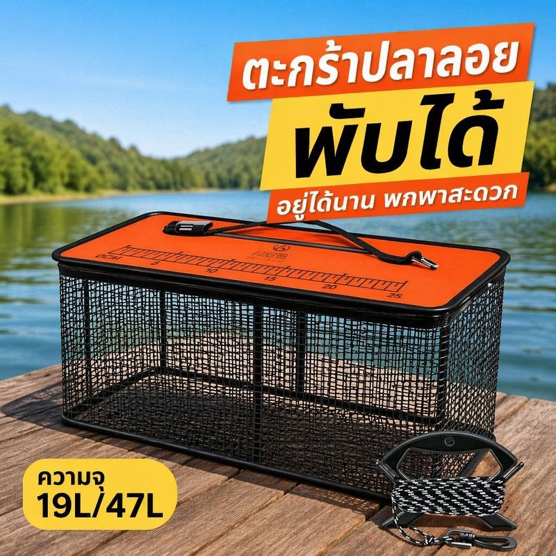 กระชังใส่ปลา ตะกร้าปลาลอยน้ำ กรงตาข่ายพับได้ ไนลอน ทนทาน ซิปล็อก เชือกยาว 6 เมตร 19L 47L