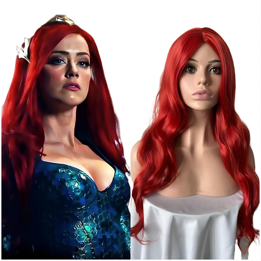 วิกผมฮาโลวีนหญิงยุโรปอเมริกัน Aquaman 2 สีแดงกลางแยกผมหยิกยาวเต็มหมวก Mermaid COS อะนิเมะผมเต็มชุด