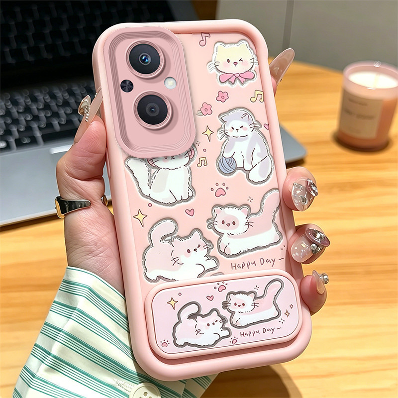 สําหรับ OPPO Reno 7Z 8z 5G RENO 7 LITE 5g เคสโทรศัพท์ Softcase ซิลิโคนกันกระแทกออกแบบใหม่ความงามน่ารักแมวสีชมพูพร้อมที่วาง JTKLMZJ3
