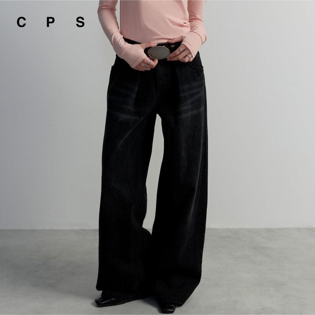 CPS กางเกงยีนส์จีบเอวสีดำ ผู้หญิง BLACK PLEATED WAIST WIDE-LEG JEANS รุ่น C26WGWA122 (AW26#A1)