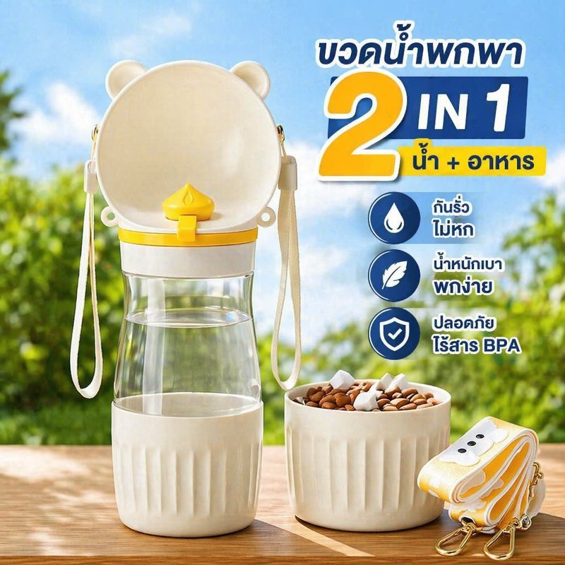 ขวดน้ำสุนัขพกพา 2in1 ใส่น้ำอาหาร กันรั่ว วัสดุฟู้ดเกรด ใช้เดินทาง สำหรับหมาแมว
