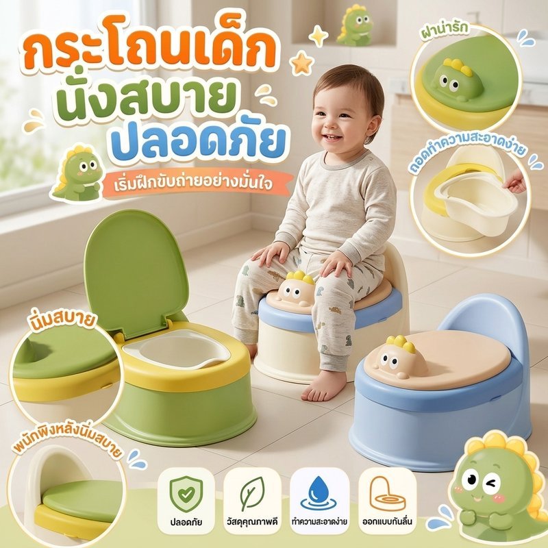กระโถนเด็ก ฝึกขับถ่าย ลายวัว เบาะนุ่ม มีฝาปิด เคลื่อนย้ายง่าย ถอดล้างง่าย พร้อมแปรง