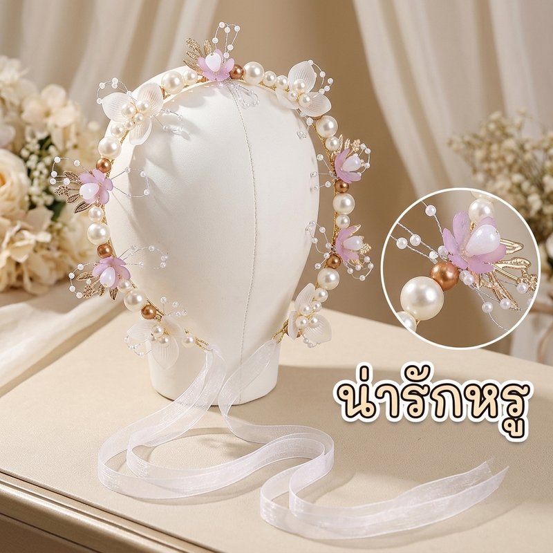 มงกุฎดอกไม้คาดศีรษะ เจ้าสาว แฮนด์เมด ลายใบ เพิร์ล โบว์ซาติน งานแต่ง วันเกิด ถ่ายรูป