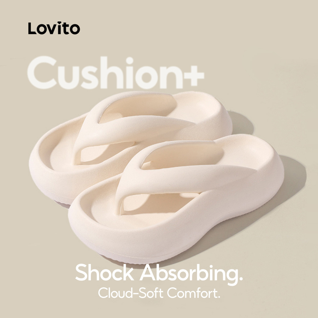 Lovito  รองเท้าแตะส้นแบนลําลอง พื้นนิ่ม แพลตฟอร์ม สีดําล้วน เรียบง่าย สําหรับผู้หญิง LFAS8037