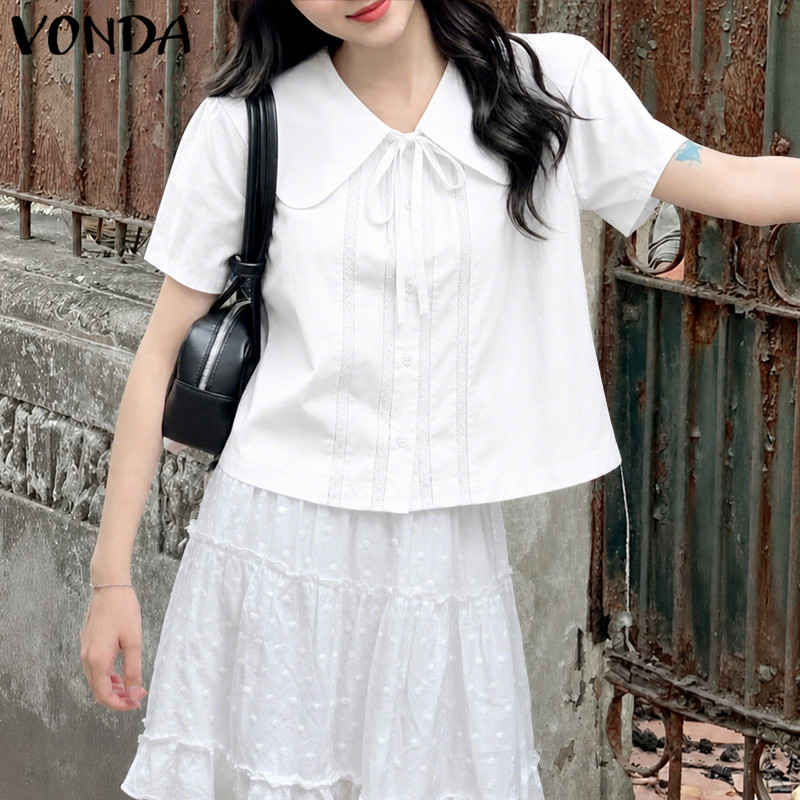 VONDA ผู้หญิงเกาหลี Girly สไตล์ขนาดใหญ่ Lapel Bowtie ลูกไม้แผงทอทอทอปุ่มปกติไหล่ตัดเสื้อสไตล์วิทยาลัย Back-To-School ทุกวันเสื้อแขนสั้น — صورة 6