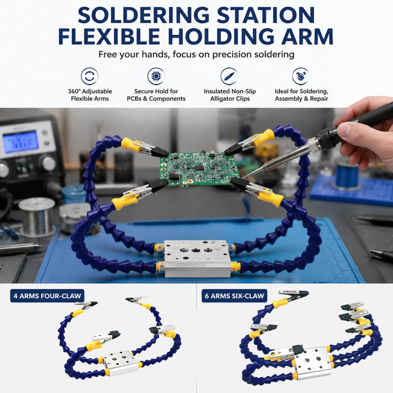 แท่นช่วยจับ PCB 4/6 แขน คลิปปากจระเข้พร้อมแขนปรับรูปทรง ช่วยยึดบอร์ดและสายไฟ สำหรับงานบัดกรีและซ่อมอุปกรณ์