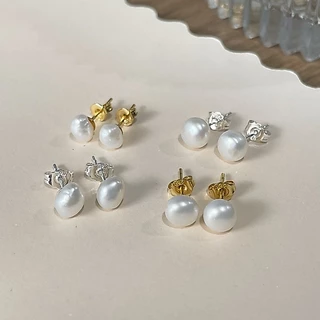 ต่างหูมุกแท้ บาร้อค ดอกไม้ กลม ก้านชุบทอง18K/ชุบเงินแท้ Genuine Pearl Baroque Flower Round Earring