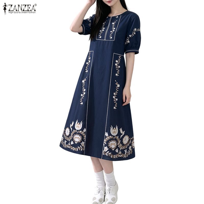 ZANZEA ซานเซีย ผู้หญิงวันหยุดเกาหลีดอกไม้พิมพ์รอบคอพัฟแขนเข่าชุดโบฮีเมียน