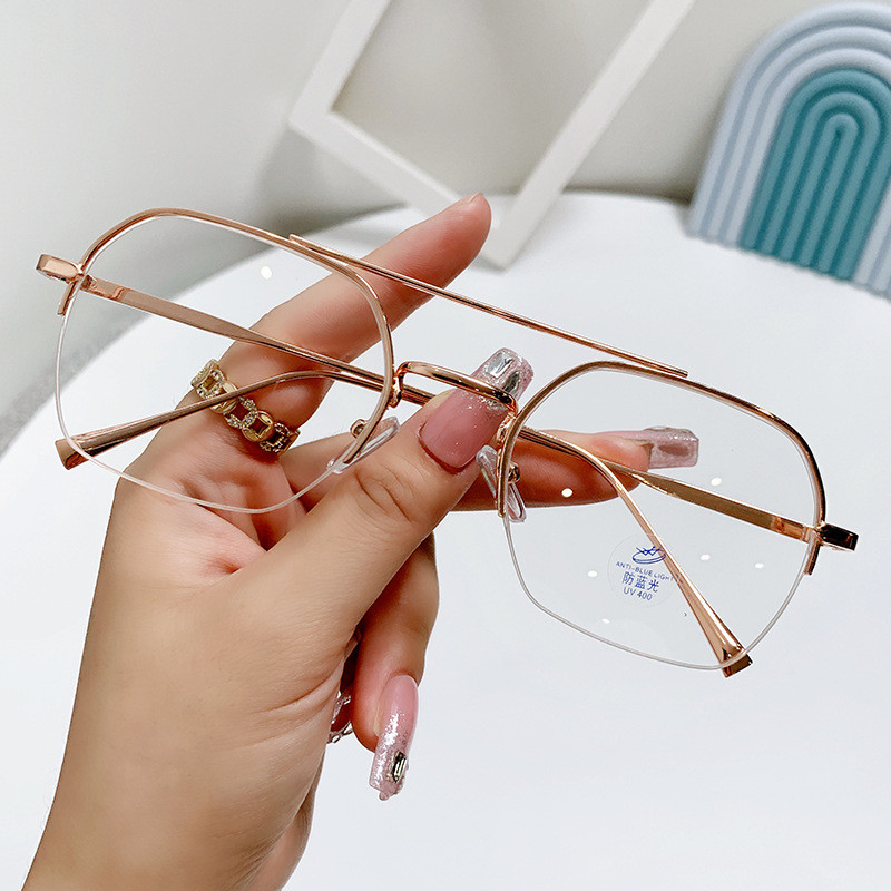 Half-Frame Hanging Silk Anti-Blue Light แว่นตาแฟชั่น Double-Beam Influencer สไตล์เดียวกันสายตาสั้น F