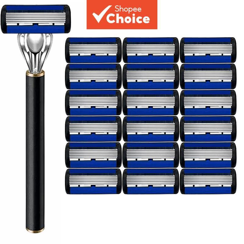 เครื่องโกนหนวดแมนนวล 6 ชั้น สีดําล้วน สําหรับผู้ชายและผู้หญิง ใบมีดโกนกําจัดขนคม ทนต่อการขีดข่วน ถอดเปลี่ยนใบมีดโกนได้ และนํากลับมาใช้ใหม่ได้