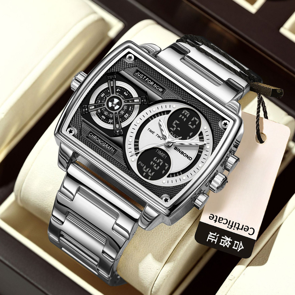 BINBOND Men Square Multi-Function Watch Analog Digital Dual Display Luminous นาฬิกาข้อมือกันน้ํา